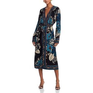 Farm Rio Black Blue Floral Midi Wrap Dress Long Sleeve V-Neck Teal Cream XS NWT